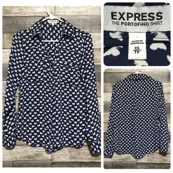 Express Portofino Shirt Women’s XS Navy Blue White Butterflies - Picture 1 of 7